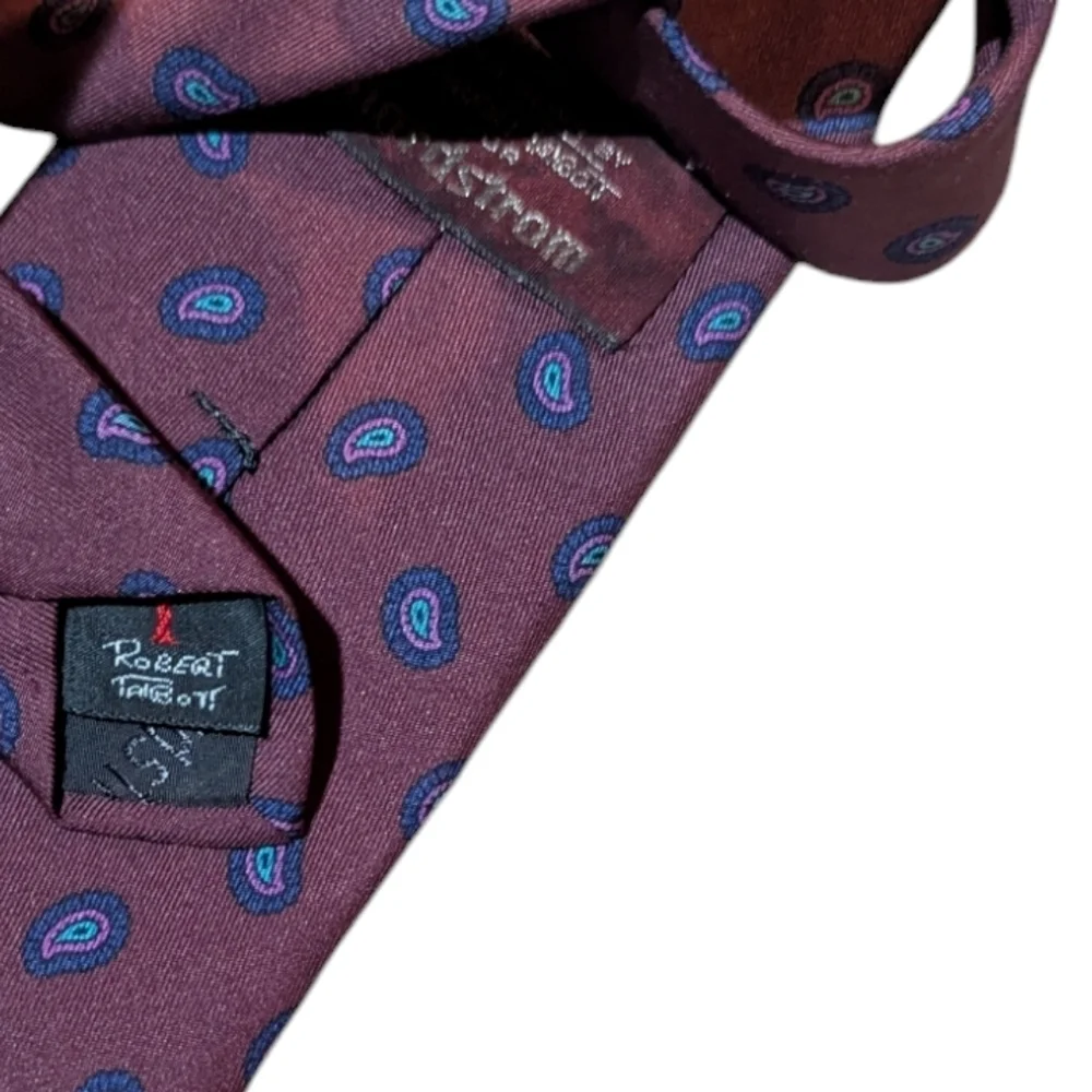 Robert Talbott Nordstrom Tie Hand Sewn Silk Burgundy Blue Mini Paisley  Print